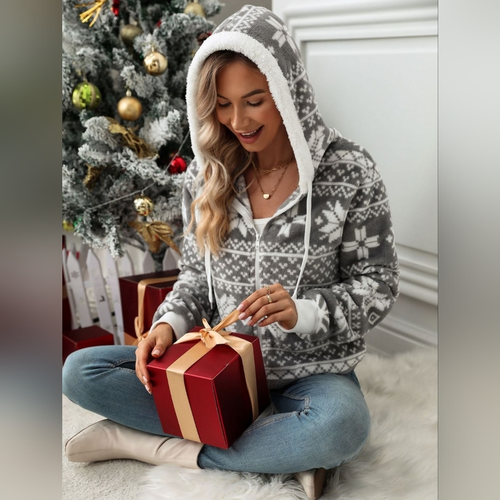 Fair Isle Snowflake Zip-Up Fleece Long Sleeve Drawstring Hoodie Pocket Jacket